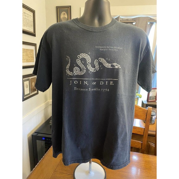 Vintage Other - Vintage T Shirt Join or Die Ben Franklin Sz Lg Distressed Fort Necessity Black